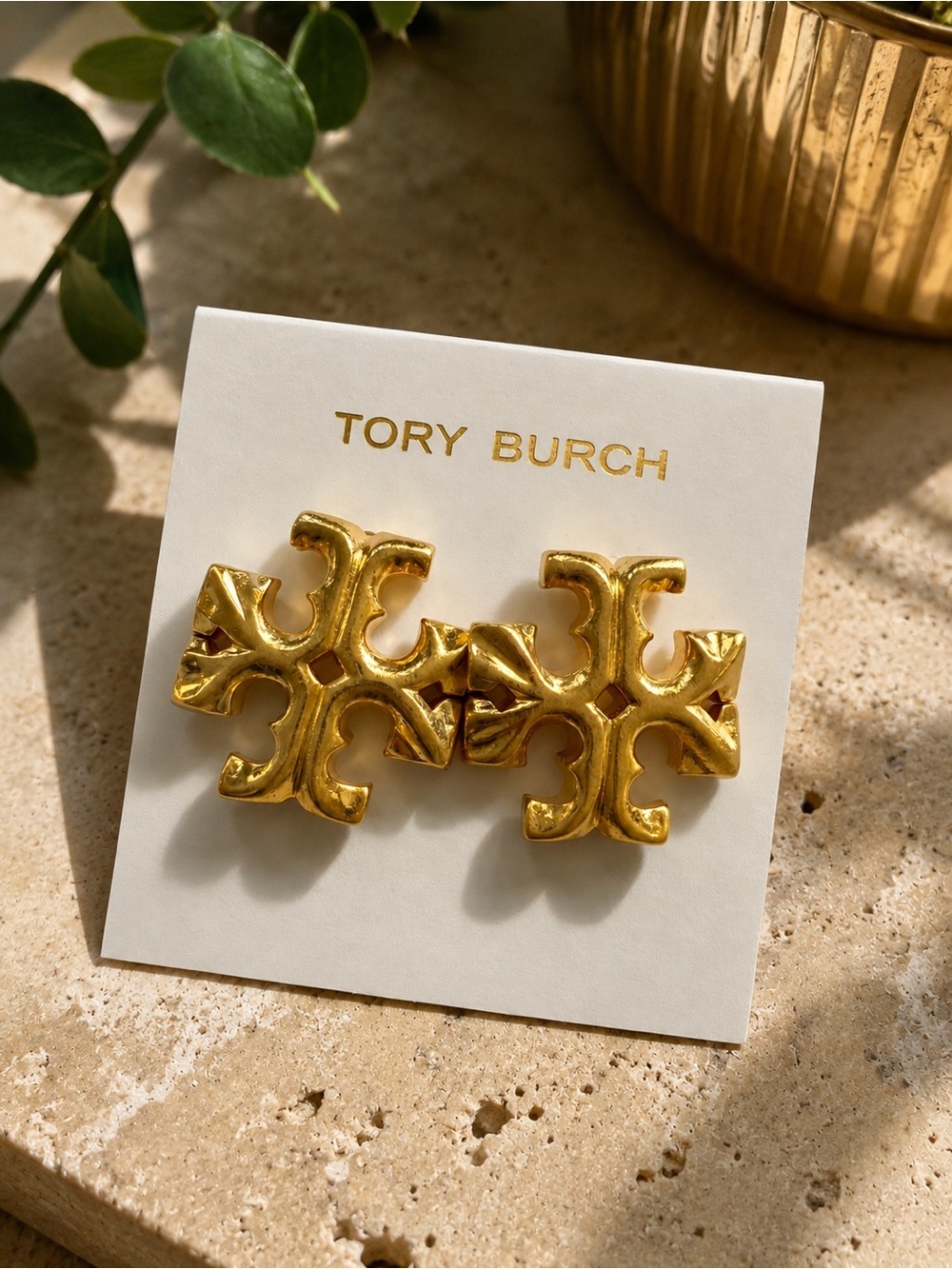 Tory Burch Shiny Gold Double‑T Post Back Earrings